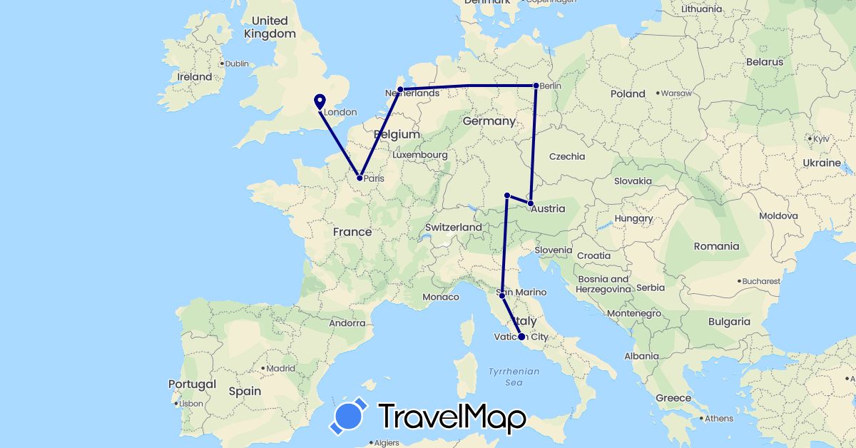 TravelMap itinerary: driving in Austria, Germany, France, United Kingdom, Italy, Netherlands (Europe)